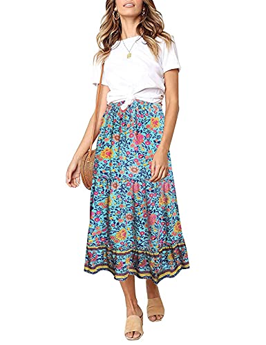 SimpleFun Women Maxi Skirt Floral Print Summer A Line Pleated Long Skirt with Elastic Waist(Green Flowers,XL)