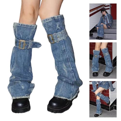 Women Distressed Jeans Blue Leg Warmer with Buckled Straps Punk Washed Denims Flared Boot Long Socks Streetwear2
