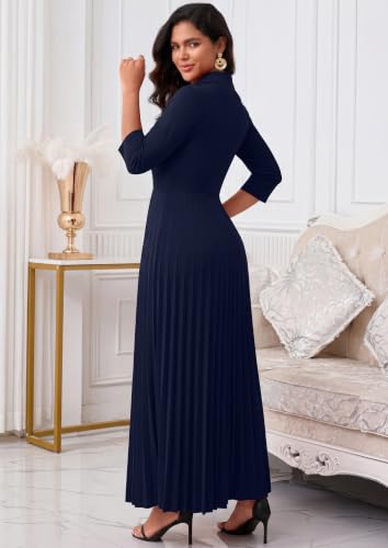 Image of FANDEE Maxi Dress for Women Formal 3 /4 Sleeve Pleated Empire Long Dress Semi Formal Tie Neck Office Work Dresses