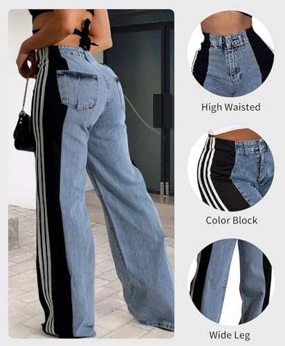 LONGBIDA Women's High Waisted Jeans Two Tone Stretchy Baggy Trendy Wide Leg Denim Pants3
