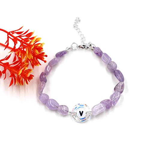 Image of Uloveido Purple Natural Stone and Austrian Crystal Letter Bracelet, Personalized Initial Jewelry for Women A-Z 26 Letters