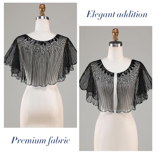 Image of PALAY Lace Shrugs Shawl for Women Stylish Sheer Cape for Women Cover Up Wraps Black Sequin Shawl for Wedding Dress, Off Shoulder Dress, Strapless Dresses
