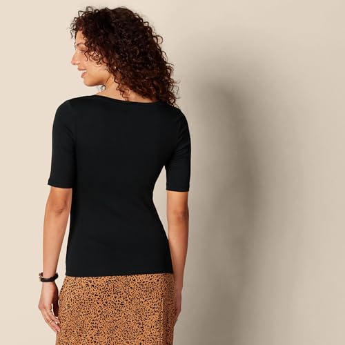 Amazon Essentials Camiseta Entallada con Media Manga y Cuello Cuadrado Mujer, Negro, L