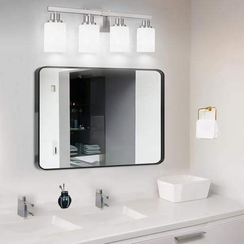 Image of Bathroom Vanity Light 4-Light Nickel Bathroom Light Fixtures 24in | White Frosted Ribbed Glass Shade Wall Lights Bath Vintage Wall Mounted Lamps for Mirror Bedroom E26 Base