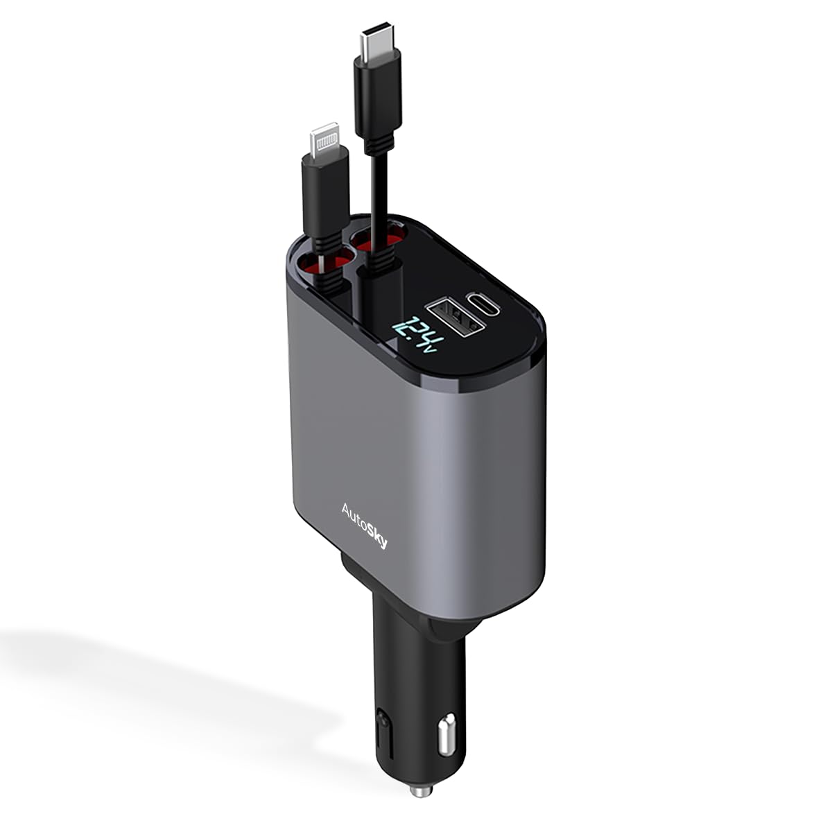 AutoSky Chargeur de Voiture rétractable 4 en 1 avec Charge Rapide – Câble USB-​C intégré, Ports USB-​A et USB-​C