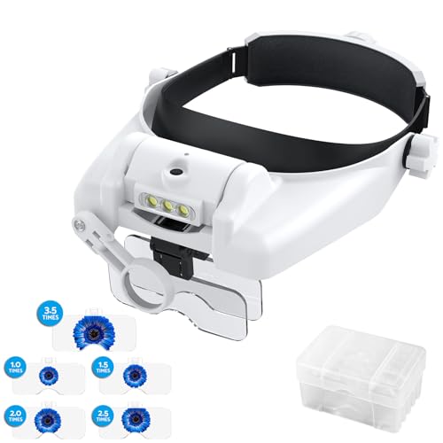 HOMGEN Lupa de Cabeza Profesional con Luz LED Recargable Gafas de Aumento con 5 Lentes Desmontables (1X-3.5X) Lupa con Diadema Ajustable Manos Libres Para Joyería, Relojería,Electrónica y Manualidades