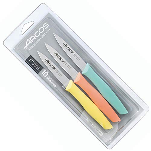 Arcos Paring Knife Set Of 3 Pieces 4 Inch Stainless Steel. Colorful Kitchen Knives For Peeling Fruits And Vegetables. Ergonomic Polypropylene Handle. Series Nova. Color Orange, Yellow And Blue. #TOP5