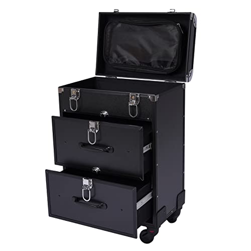 ILWorkTLs 3-Tier Professional Rolling Cosmetic Train Case with Drawers and Locks,2 Drawer Cosmetic Train Case,Makeup Case for Travel,Black