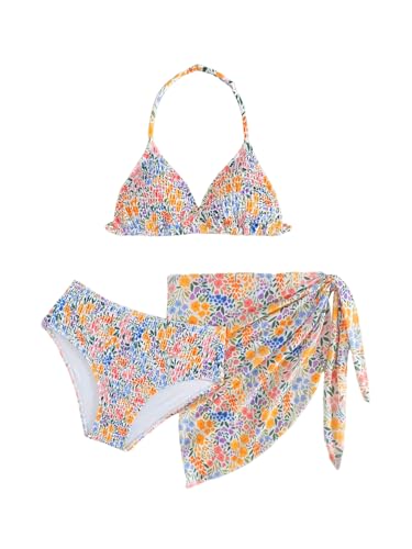 Girl's 3 Piece Swimsuit Floral Bikini Set High Waisted Bathing Suit Halter Swimsuit with Cover Ups Beach Skirt