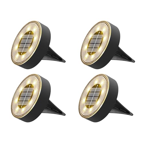 Joomer Solar Ground Lights, 4 Pack 8 LED Solar Lights Outdoor Waterproof IP68 Disc Light Landscape Lighting Garden Light for Patio Pathway Lawn Yard Driveway Walkway(Warm White)