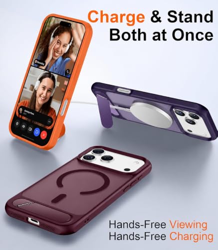 Image of Elzzi Translucent Matte Kickstand Case for iPhone 17 Pro Max, Built-in Adjustable Stand, Translucent Matte Magnetic Mag-Safe Shockproof Phone Cover (Cherry - Kickstand)