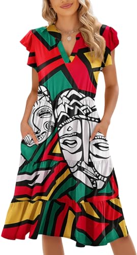Image of Womens Summer Dress Ruffle Sleeve V Neck Midi Dresses Casual Fit Flowy Tiered Boho Beach Vacation Sundress