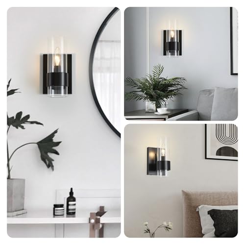 Image of WUZUPS Set of 2 1-Light Bathroom Wall Light Fixture Over Mirror Flat Class Shade Morden Vanity Scones for Bathroom Bedroom Living Room, E12 Base, Black