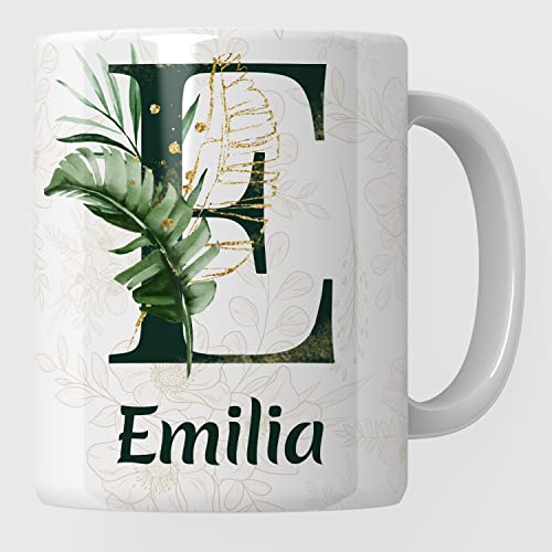 Personalisierte Tasse mit Ihrem Anfangsbuchstaben Namen Weiß Keramik Kaffeetasse mit Blumen Motiv Beidseitig Bedruckt Geschenk Geburtstag (weiß) Cover