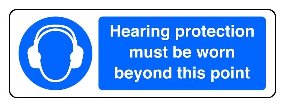 Hearing Protection Must Be Worn Beyond This Point - safety sign - 1.2mm Rigid plastic for indoor/outdoor usage (300mm x 100mm) Viewing Distance within 5m.