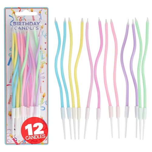 12 Count Pastel Twisted Spiral Birthday Candles Rainbow Spiral Birthday Candles with Holders Candle for Cake Party Candle Set Cake Candles