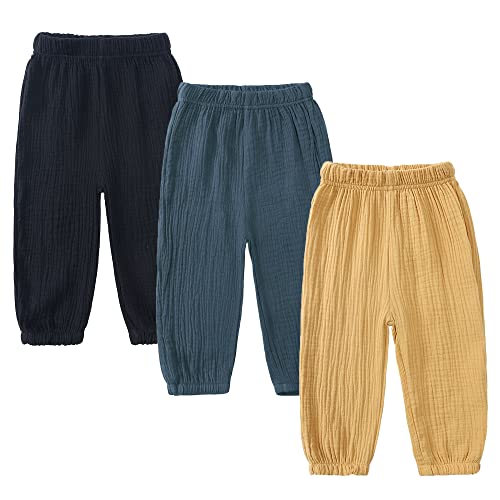 Image of Kids Tales 3 Pack Boys Girls Cotton Linen Pants Child Basic Plain Solid Trousers Big Kids Elastic Waist Long Pants Bloomers
