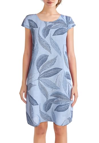 PEKIVESSA Leinenkleid Knielang mit Blattmuster Kurzarm Himmelblau 38 (M)