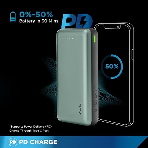 Image of URBN 20000 mAh 22.5W Super Fast Charging Ultra Compact Power Bank with Quick Charge & Power Delivery, Type C Lightning Input /Output, Made in India, Type C Cable Included (Green)