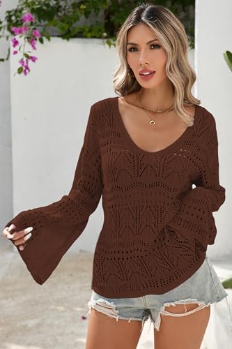 Image of Cakulo Womens Summer Crochet Tops Boho Off Shoulder Sweaters Lightweight V Neck Loose Vacation Resort Wear 2026