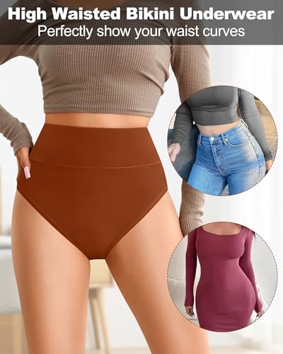 ASIMOON High Waisted Bikini Underwear for Women Tummy Control Cotton Panties Soft Stretch No Show Cheeky Panty2