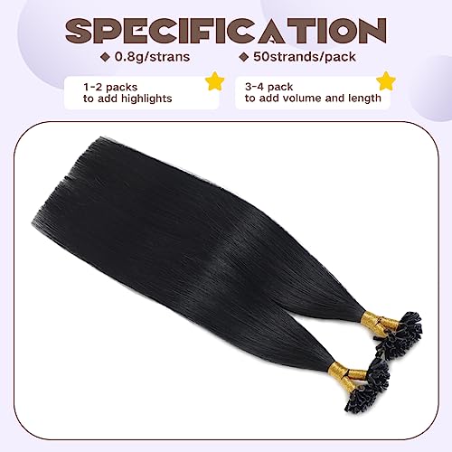 Sindra Keratin Hair Extensions Real Human Hair 16 Inch 50 Strands 40g Jet Black Pre Bonded U Tip Extensions #1 16 Inch - Image 4