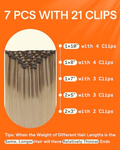 Image of Full Shine Balayage Clip in Hair Extensions Real Human Hair | Blonde Human Hair Extensions Clip ins, Clip in Extensions, Color 10 Fading to 16 And 16 Blonde, 7 Pcs 22 Inch 120g