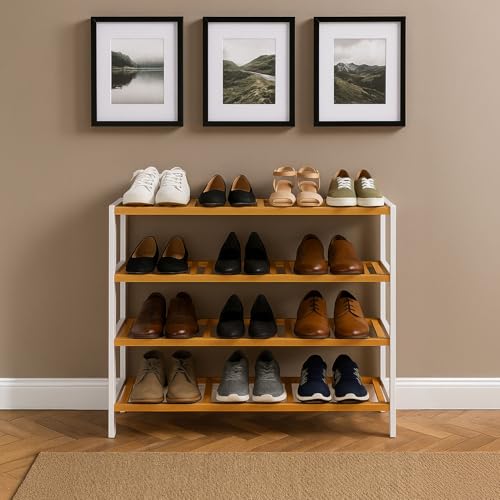 Neo 4-Tier Bamboo Shoe Rack Wooden Shoe Storage Organiser Shelf for Hallway, Entrance Living Room 67 x 70 x 25cm (White/Natural) - Image 7