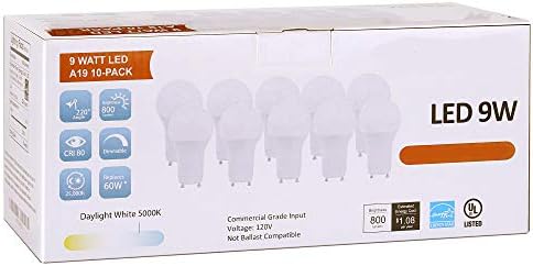 us green lighting (10 Pack) LED GU24 Twist-in Base A19 Light Bulb, 9W (60W Equivalent), Energy Star, Dimmable, Bi-pin, 5000K (Daylight White), 800 Lumens, UL Listed.