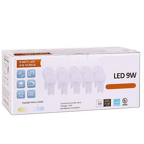 Us Green Lighting (10 Pack) Led Gu24 Twist-In Base A19 Light Bulb, 9W (60W Equivalent), Energy Star, Dimmable, Bi-Pin, 5000K (Daylight White), 800 Lumens, Ul Listed. #TOP9