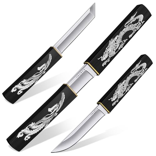 Purple Dragon 2-in-1 Doppelmesser Outdoor, Tanto Messer mit Scheide, D2 Stahl Outdoor Survival Messer mit Holzgriff, für Camping, Bushcraft, Geschenke füR Männer, Schwarz