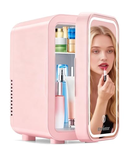 Image of Enventor Mini Skincare Fridge Small Refrigerator for Bedroom, Beauty Fridge for Makeup with Dimmable LED Mirror, 6 L / 8 Cans Compact Portable Cooler for College Dorm, Office, Car, Pink