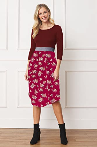 Image of Eloges Women's 3 /4 Sleeve Contrast Waist Band Floral Curved Hem Midi Dress