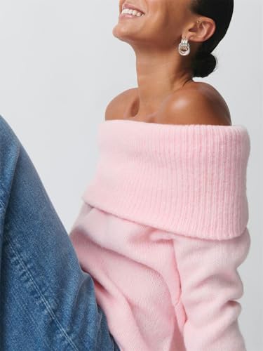 Image of Women Cute Off The Shoulder Sweater Sexy Long Sleeve Slouchy Knit Loose Fit Pullover Top Going Out Knitwear Jumper