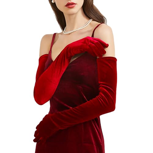 Huralona Super Long Opera Velvet Party Gloves 1920s Elbow Flapper Evening Banquet Gloves (Bright Red)