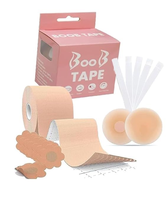 Boob Tape Kit - Instant Boob Tape with 10 Disposable Nipple Pasties for Fashion with 50 Strips Double Sided Tape for Clothes &1 Pair Reusable Nipple Cover for Women (Beige)