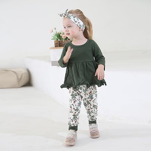Image of Toddler Baby Girl Clothes Solid Color Long Sleeve Ruffle Tops Pants Headband Outfits Set