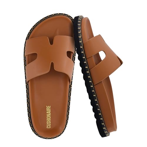 CUSHIONAIRE Crisp Women’s Slide Sandal – Faux Leather Cutout Slip-On with Artisan Stitching & Memory Foam, Wide Widths Available, WHISKEY 9