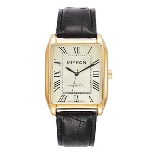 Miykon Vintage Watches for Men - Tank Square Gold Analog Watch with Black Genuine Leather Wrist Strap for Classic Dress - Japanese Quartz Waterproof to 100ft