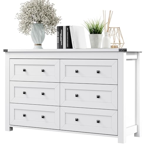 Dresser for Bedroom with 6 Drawers Farmhouse Wood Chest of Drawers Wide TV Stand Closet Storage Furniture with Metal Handle Modern Clothes Organizer for Hallway Living Room Entryway White