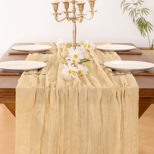 Image of Socomi Gold Champagne Cheesecloth Table Runner Easter Spring Boho Rustic Gauze 120 inch 10FT Cheese Cloth Runner for Wedding Party Baby Shower Birthday Home Decor Holiday Decorations