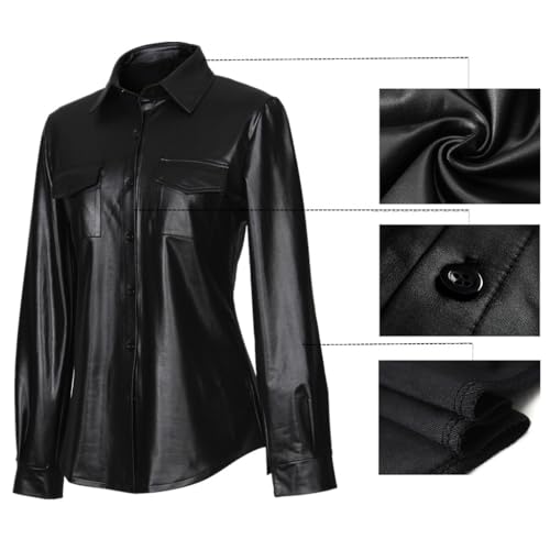 Sorrica Womens Sexy Shiny Metallic PU Faux Leather Nightclub Styles Long Sleeves Button Down Shirts Top4