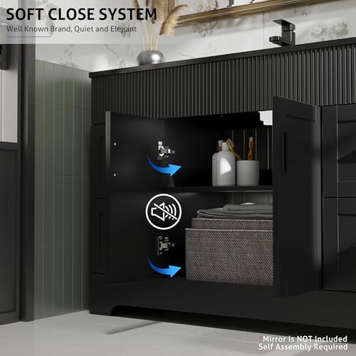 Image of eclife 48 inch Bathroom Vanities Sink Combo with Painted Surface, Modern Drawered Cabinet W /Decorative Wave Lines, Undermount Single Black Sink, Matte Black Faucet Drain, Black
