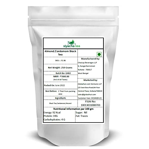 Image of Siyacha Tea Almond, Cardamom Tea (Elaichi Badam Flavour), 250 Grams, 100% Natural Ingredients Beverage, Whole Leaf Chai Patti, Healthy Blend, Makes 125 Cups (approx)