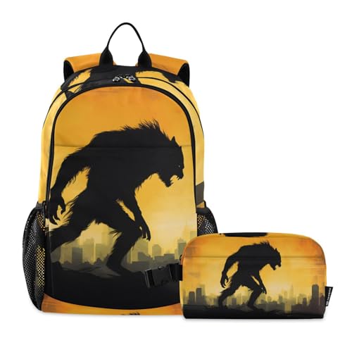 Backpack Lunch Bag Set for Travel Hiking Picnic, Angry Werewolf Print Backpacks with Insulated Lunch Box