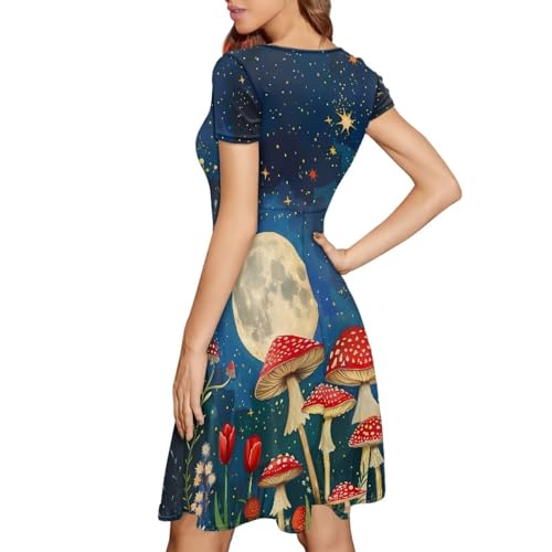 Image of HUGS IDEA Womens Puffy Swing Midi Dress Round Neck Short Sleeve Party A-Line Dresses