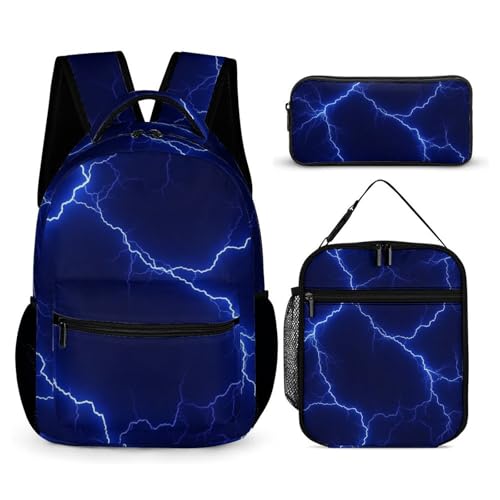 Backpack Bookbag Set Backpack with Lunch Box and Makeup Bag Travel Bookbag Daypack Set (Cool Lightning Blue)