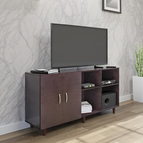 Image of VIKI Modern TV Unit for Living Room | Engineered Wood TV Cabinet with 2 Door Storage & 2 Open Shelves, Set Top Box Stand, Entertainment Unit, 140W x 74H x 40D cm | DIY | 1 Year Warranty (Wenge)
