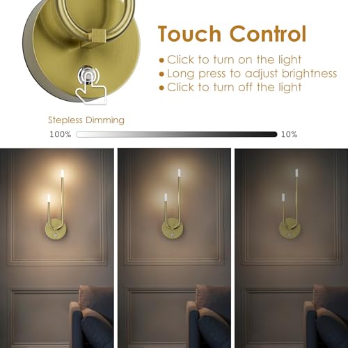 Image of Aipsun Gold Battery Operated Wall Sconce Set of 2, Modern LED Rechargeable Wall Sconce Stepless Dimming Wireless Wall Lights for Bedroom,Living Room,Hallway Warm Light 3000K