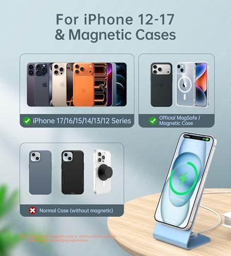 Image of Magnetic Wireless Charger for iPhone 17-12 Series + Aluminum Charger Stand | Mag Charger+20W USB C Adapter, Fast Wireless Charging Stand /Pad with 5ft USB-C Cable for iPhone 17 /16 /15 /14 /13 /12, Airpod Pro